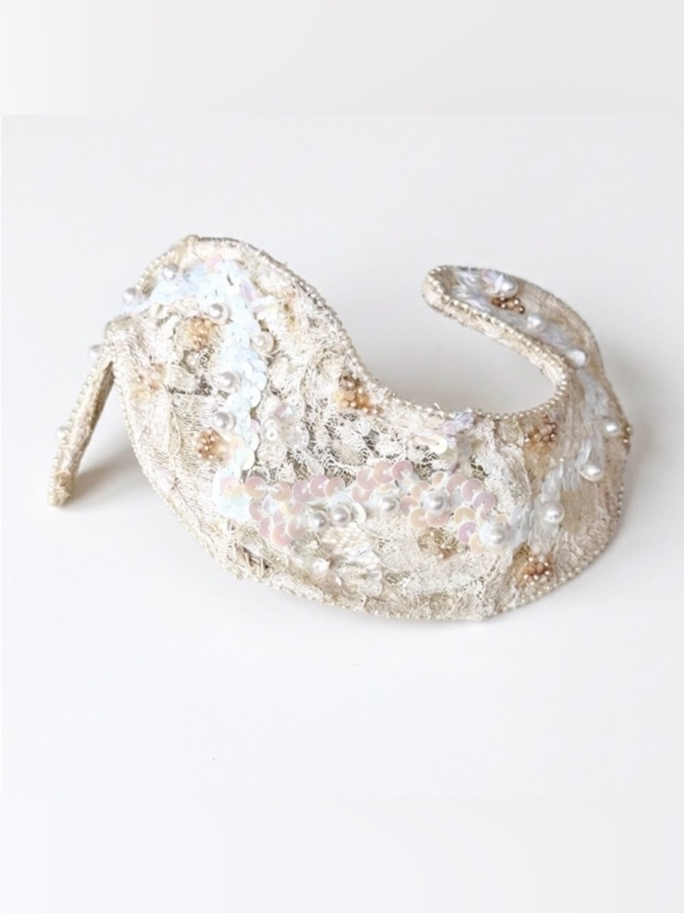 Vintage Embellished Wedding Bridal Headpiece Lace Pearl Sequin in Ivory & White